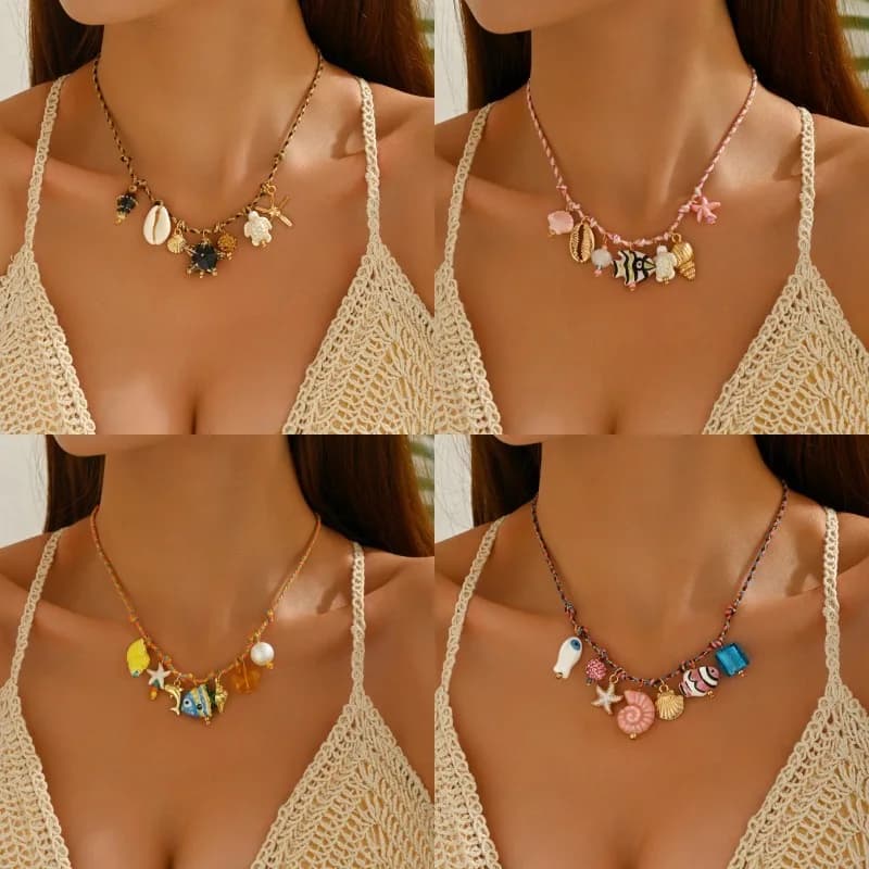 Collane con Ciondolo a Forma di Pesce in Ceramica alla Moda per Donne e Ragazze, Graziosa Collana Arancione con Conchiglia Intrecciata per Feste in Spiaggia, Regalo