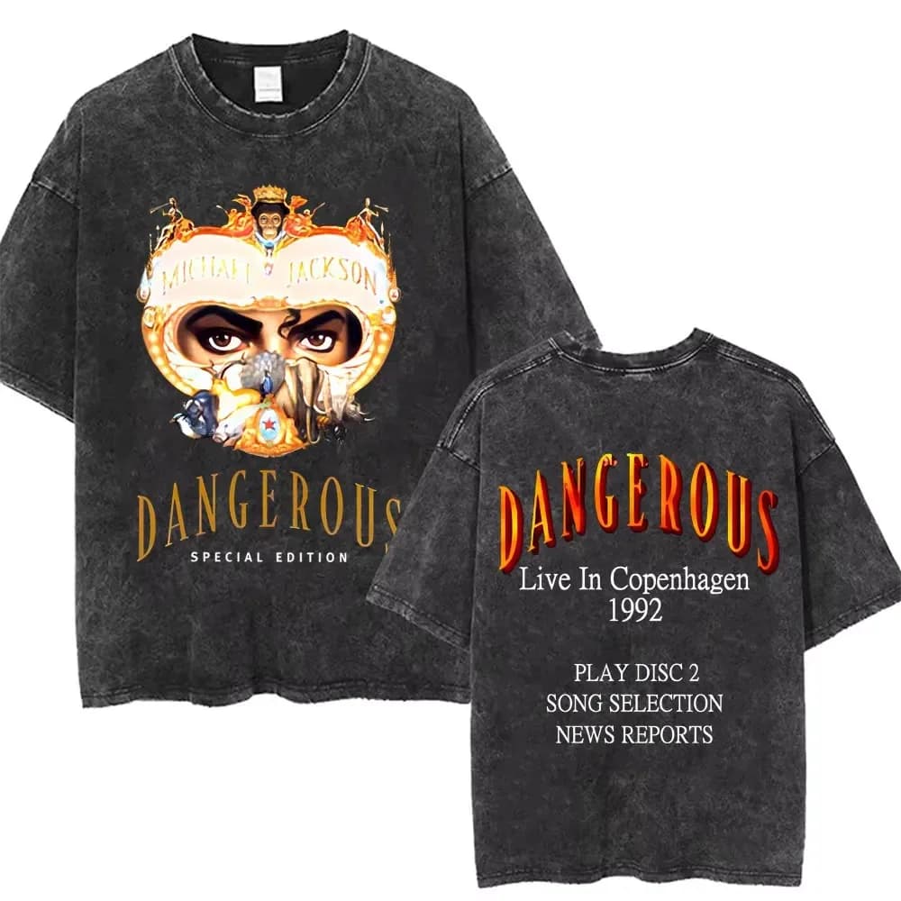 T-shirt Oversize con Grafica Michael Jackson King of Pop Effetto Acid Wash, Moda Streetwear Rock per Uomo e Donna