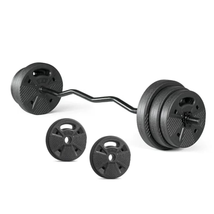 Set of Barre EZ Curl Threaded with 50 LB Cement Weight Plates and Threaded Collars for Strength Training and Home Gym