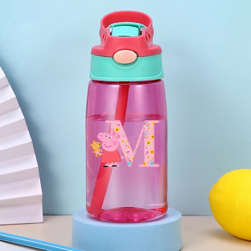 Borraccia Peppa Pig con Cannuccia, per Bambine, con Lettere Iniziali, Sportiva, Antigoccia, Portatile, per Viaggi e Scuola
