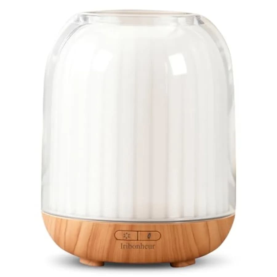Diffusore di Oli Essenziali con Lampada Notturna 120ml, Diffusore di Aromi USB Portatile con Base Effetto Legno e Coperchio Effetto Vetro, Umidificatore