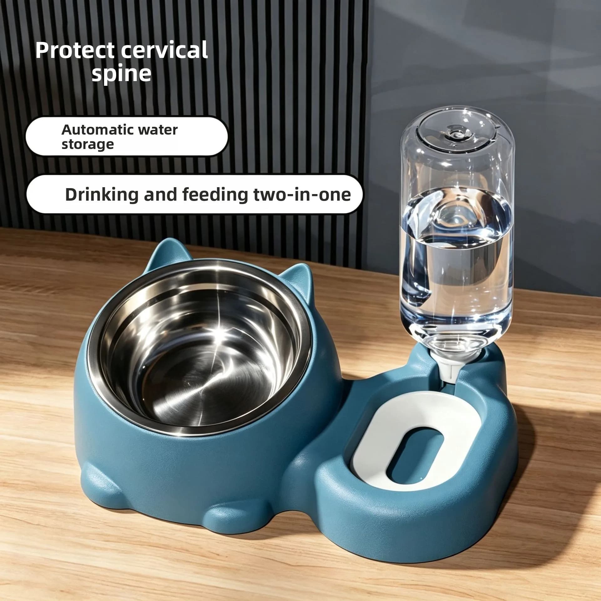 Anti Tip Neck Protective Integrated Pet Food Water Double Bowl With Automatic Water Dispenser For Cats Dogs Feeding Supplies
