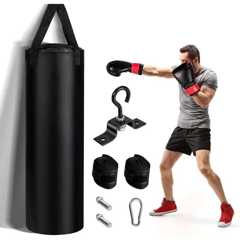 Boxing bag GYMAX, Boxing bag Set Pre-filled by 29 kg with 12 ounce boxing gloves and Two 240 cm Hand Grips, for Adults and Young
