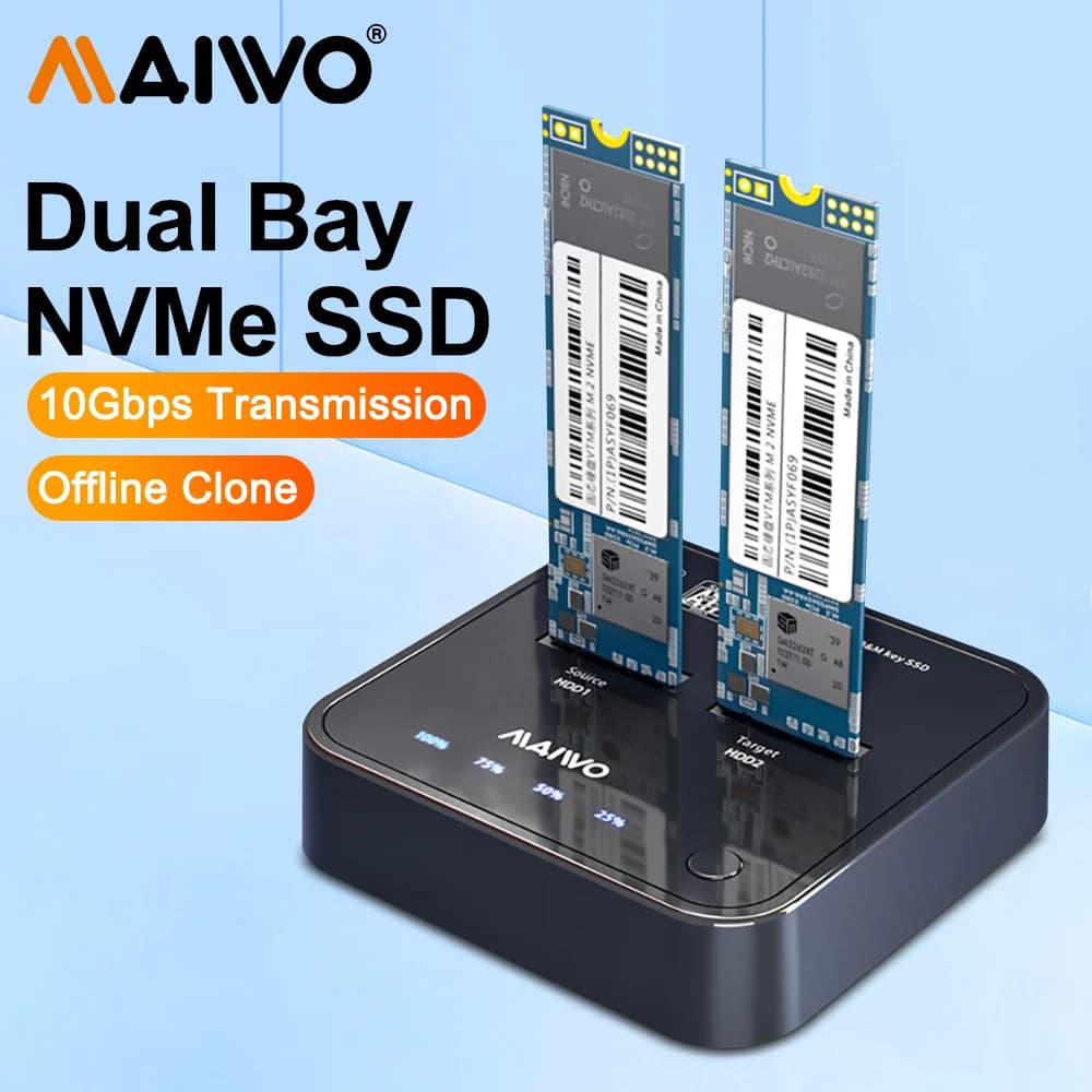 MAIWO Dual-Bay M.2 NVME SSD Enclosure Dock Station Clone USB3.1 tipo C Hard Disk esterno Box Gen2X 10Gbps NVME Docking Station