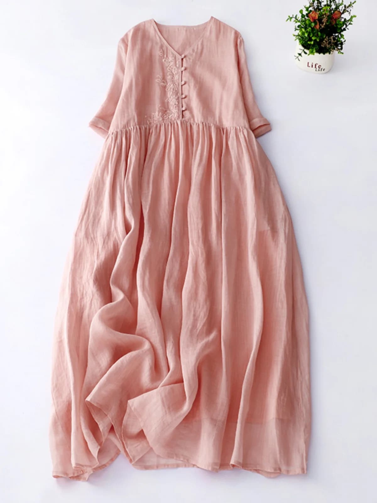 Retro Embroidered Double Layered Linen Dr Loose A-Line Long Skirt Vintage Sle round Ne Button Detail mid Summer Dr