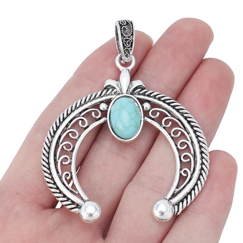 ZXZ 2pcs Tibetan Silver Large Crescent Moon Double Horn Imitation Stone Charms Pendants for Necklace Jewelry Making 67x54mm