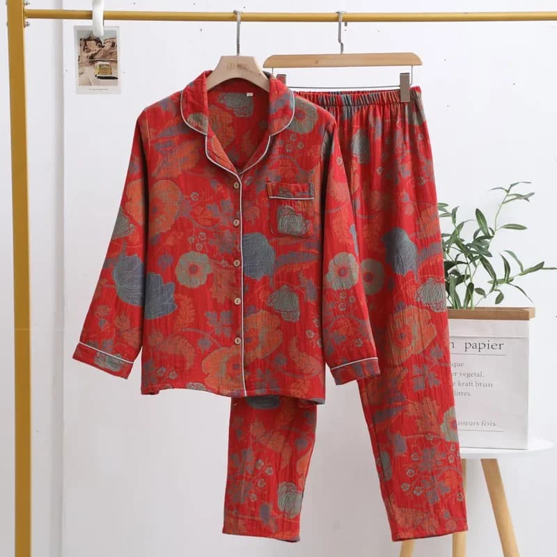 Floral Printed Cotton Women's Pajamas Suit for Spring and Autumn Jacquard Long Sleeved Large Size Home Women Sleepwear Set