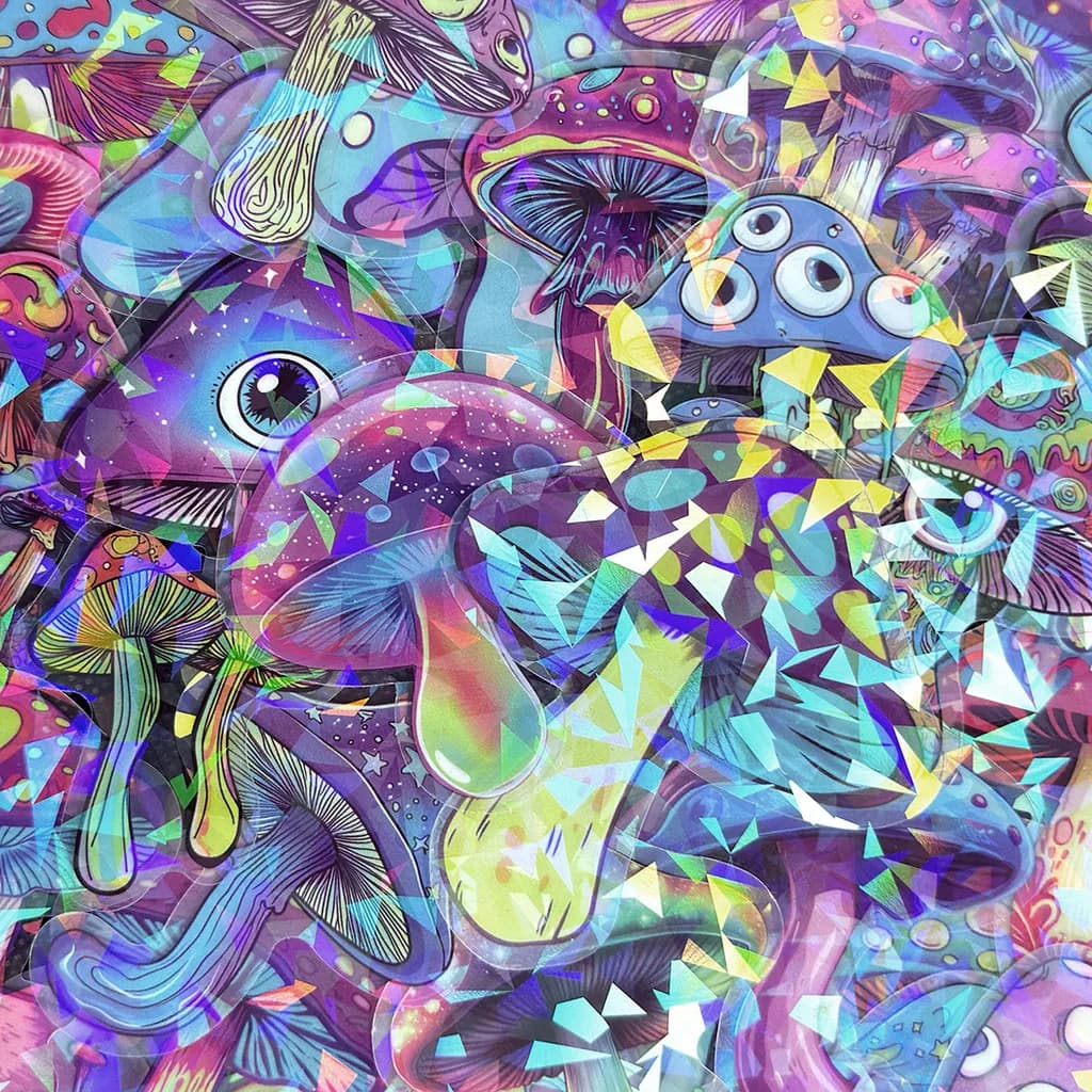 50 adesivi trasparenti con funghi iridescenti - Decalcomanie decorative in PET per notebook, custodie per telefoni, tablet, moto