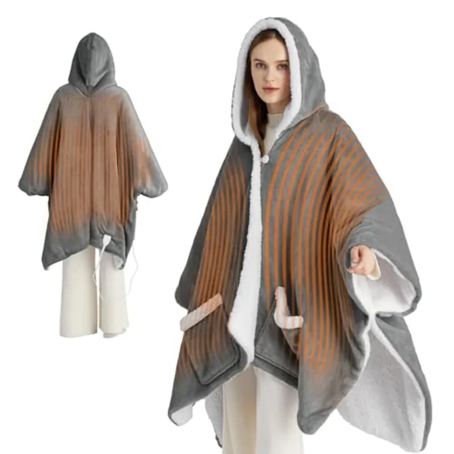Coperta Riscaldante Indossabile - Poncho Elettrico con Cappuccio per Adulti, Regalo di Compleanno per Mamma, Donna, Coperta Riscaldante in Sherpa