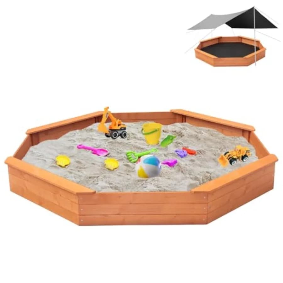 Grande Sabbiera Ottagonale in Legno per Esterni con Copertura, 4 Panchine Integrate, Sabbiera Extra Large con Rivestimento Inferiore per Giardino e Cortile