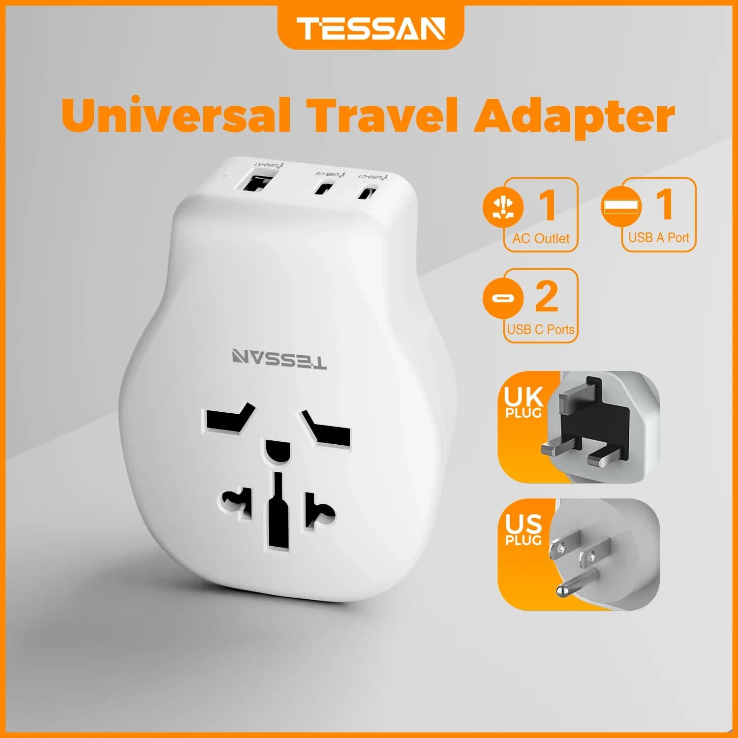 Adattatore da viaggio TESSAN con spina UK/US/EU/AUS/IT/JPN Presa CA universale 3 porte USB Presa da viaggio multipla a viaggio USA UK