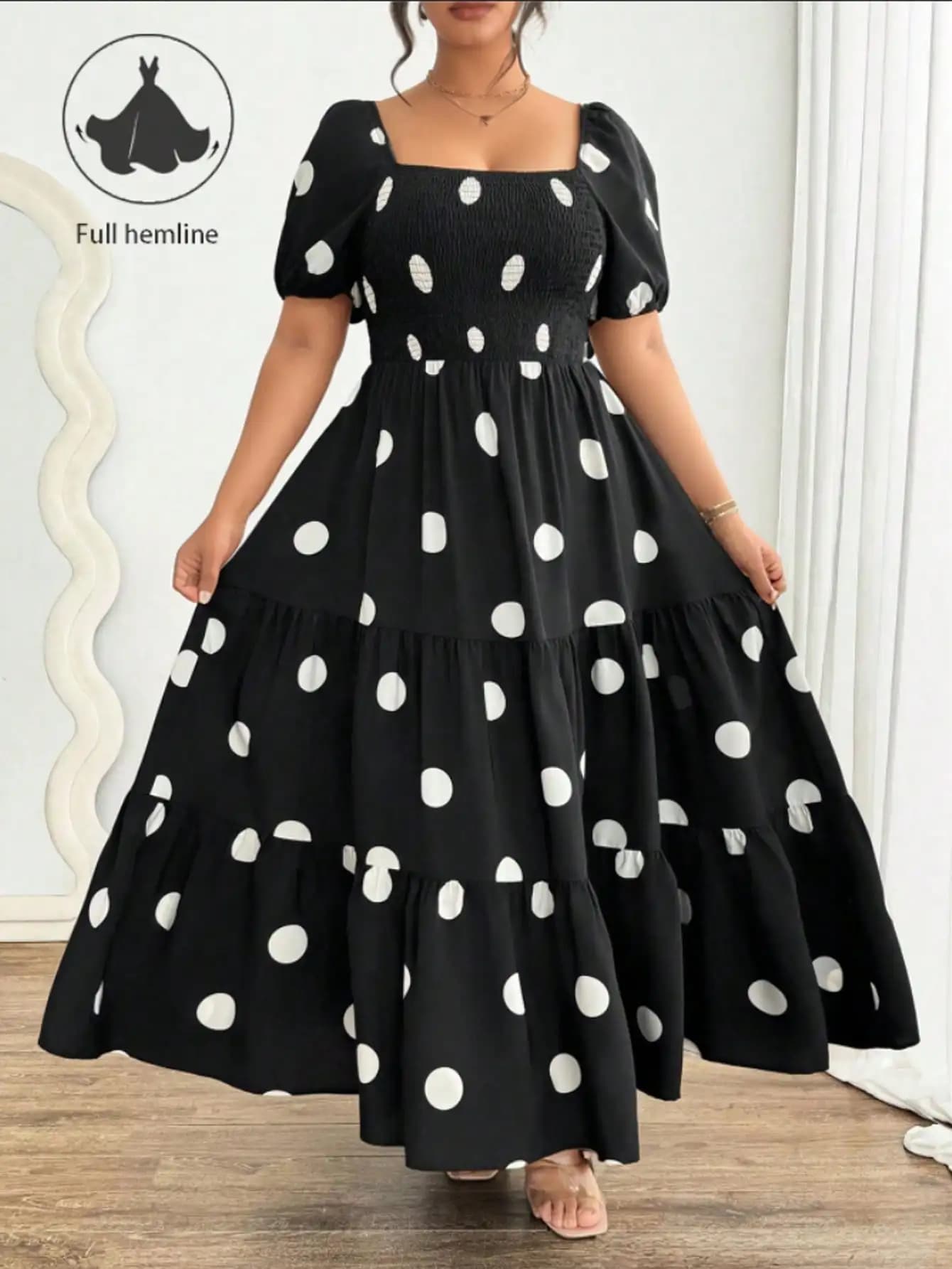 Ladies Black Polka Dot Ruffle Sleeve Square Collar Long Dress Elegant A-Line Summer Gown Suitable for Plump Figures