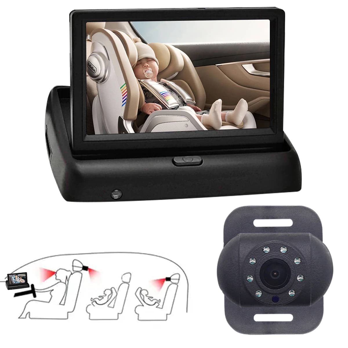 Monitor per sedile posteriore di sicurezza con specchio per seggiolino auto per bambini senza fili da 4,3/5 pollici 1080P con telecamera per visione notturna