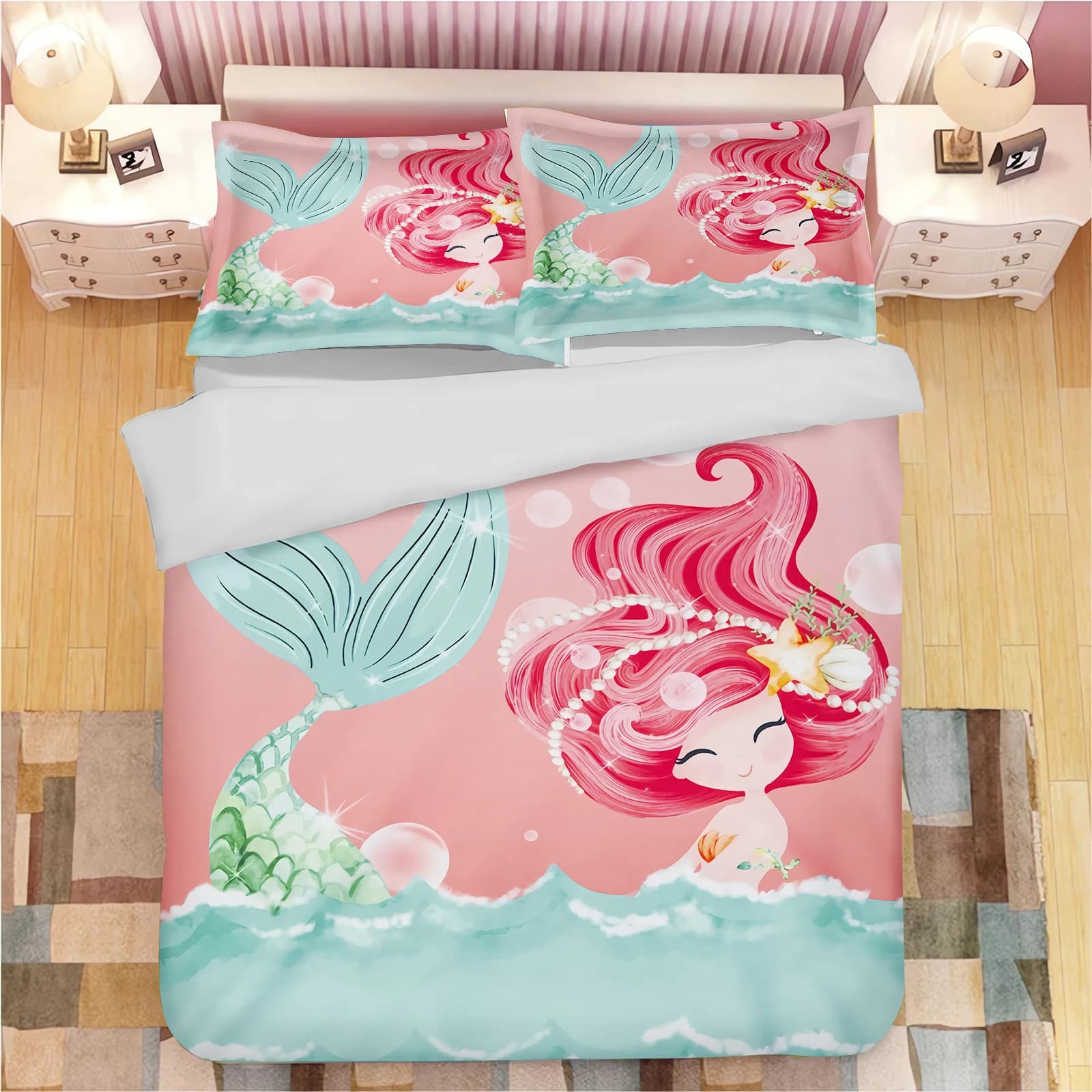 Set Copripiumino Sirena con Stampa Cartoon, Set Copripiumino e Trapunta con Stampa Cartoon Carina, Decorazione per Camera da Letto