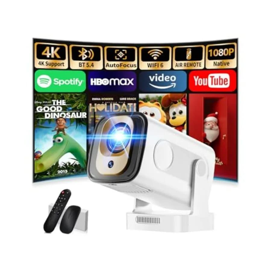Mini Proiettore Portatile 1080P 4K Full HD con WiFi 6, Bluetooth 5.4, Autofocus, Correzione Trapezoidale, Rotazione a 270°, Bianco, App Integrate, Compatibile