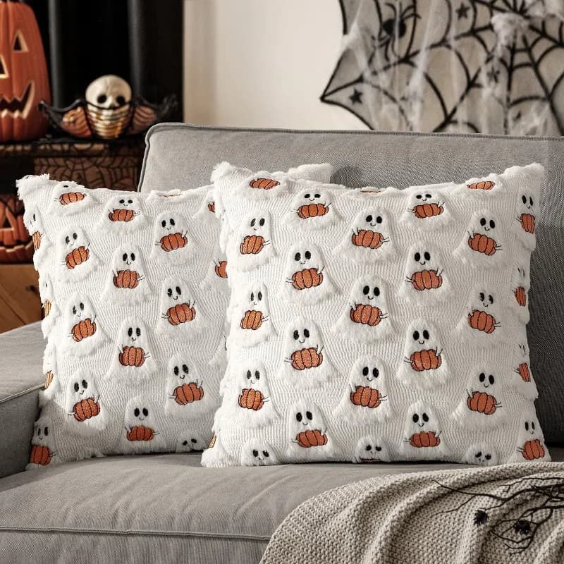 Pumpkin Ghost Plush Embroidery Pillow Cover Festival-style Sofa Cushions Halloween Decoration Cute Pillowcase Home Ornament