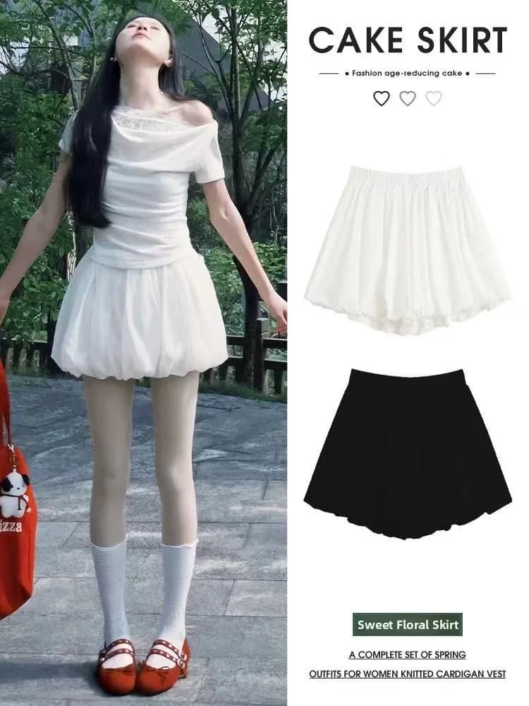 White Flower Bud Skirt Pants Women's Spring Summer plus Size 200 Pounds Slimming Sweet A-Line Short Skirt Small Size Fluffy S...
