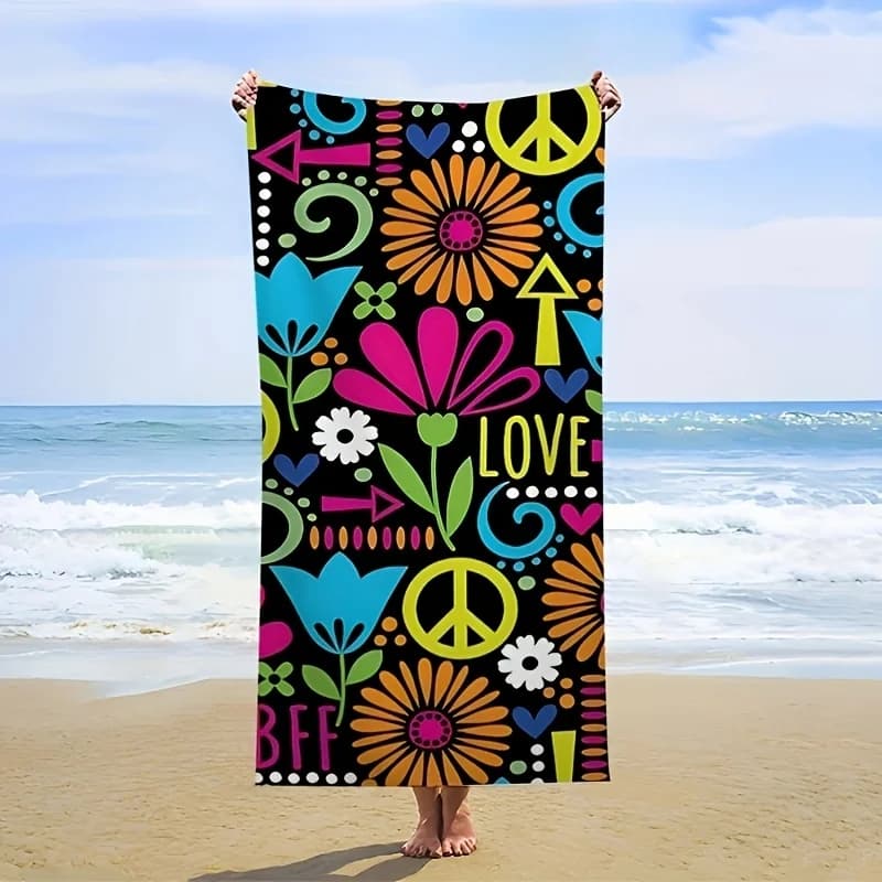 Telo Mare Bohemien con Stampa Floreale e Simbolo della Pace, Asciugatura Rapida, Assorbente, Anti-Sabbia, Leggero per Viaggi, Piscina, Stile Hippie