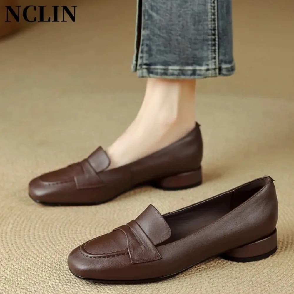 Women's Genuine Leather Loafers - Vintage Round Toe Slip-on Block Heel Comfortable Casual Shoes