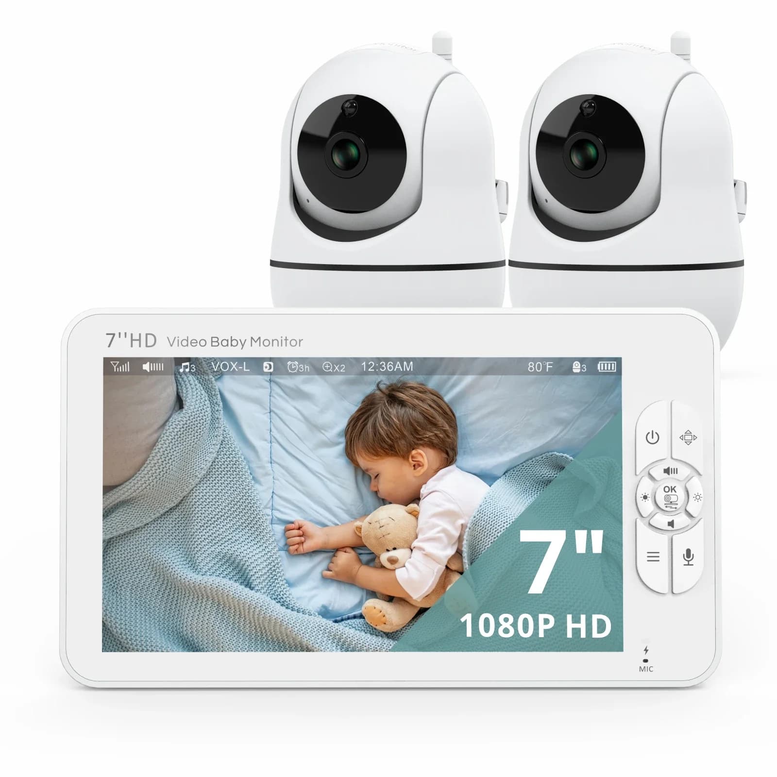 Babystar Baby monitor video con schermo diviso HD da 7" senza WiFi, monitor per fotocamera per bambini, a prova di hacking, zoom remoto/pan/inclinazione, batteria da 4000 mAh