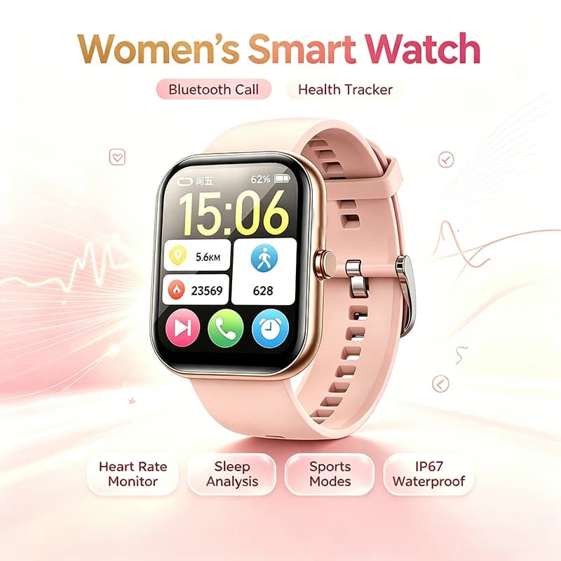 Women Smart Watch BT Call Heart Rate Sleep Monitor IP67 Sports Fitness Tracker Pink Silicone Smartwatch For Android IOS Ladies