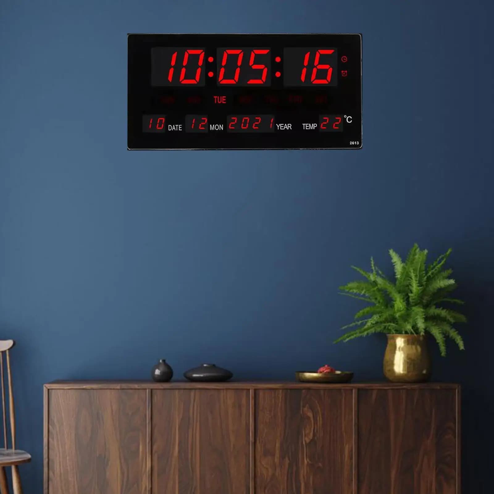 Large alarm clocks with daytime date with LED display for indoor temperature Digital wall clock for restaurant, desk, school, hotel