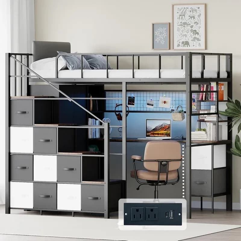 Twin Loft Bed with Desk Stairs LED Lights Metal Gaming Bed Frame Headboard Safety Guardrail Charging Station Closet Fabric