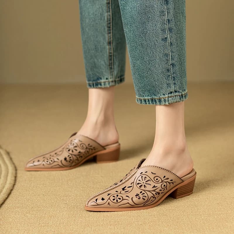 Nuove scarpe estive da donna in pelle di vacchetta, traspiranti, con tacco spesso, tacco medio, punta chiusa, stile Mueller, ciabatte alla moda