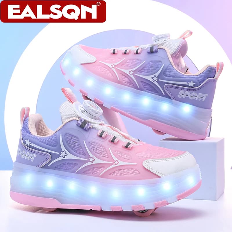 Four-wheel skating shoes with LED lights for children, boys and girls, sports light sneakers, skateboard with USB charging