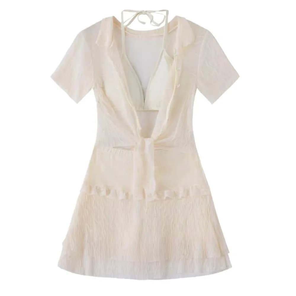 Fashion Short Sleeve Three-pieces Swimsuit Solid Ruffle Cover-Ups High Waist Slimming Bathing Suit Summer