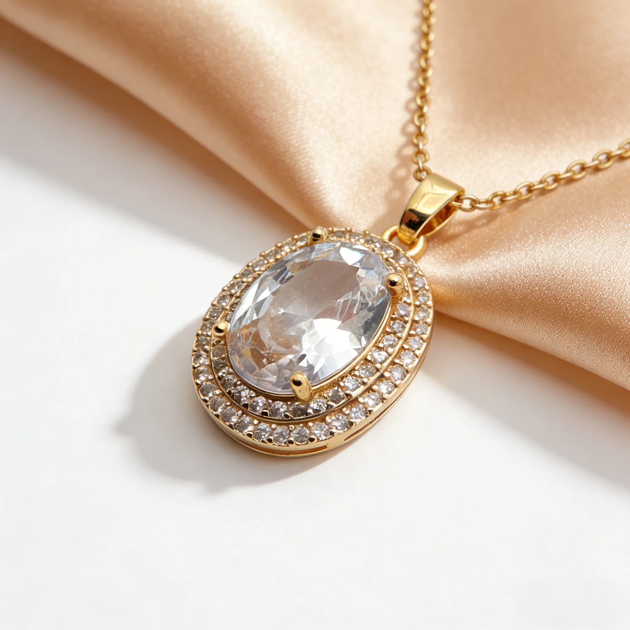 Necklace with Oval Pendant in Crystal and Heart for Women, Design with Green Purple Pink Rhinestones, Delicate Chain with Ribbon Gift