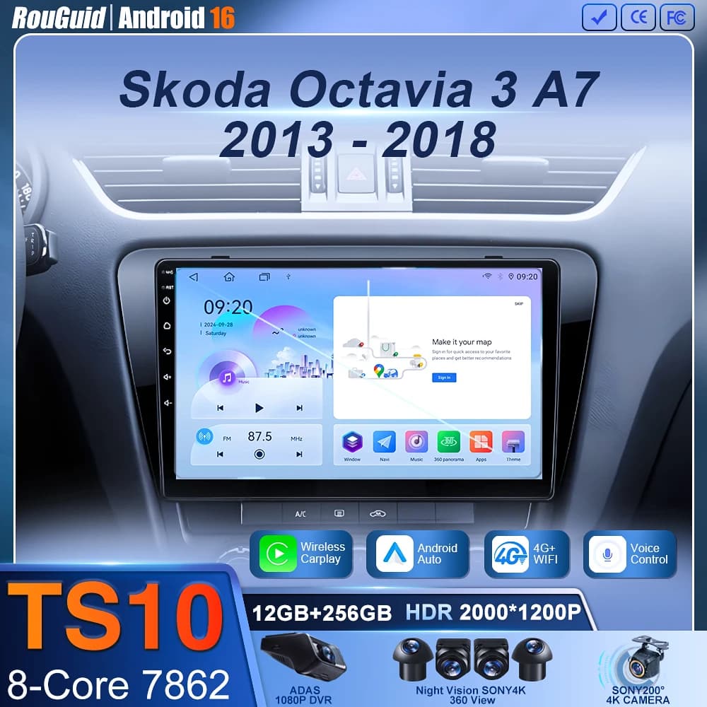 Android 16 Per Skoda Octavia 3 A7 2013 - 2018 Carplay Auto Stereo 4G + WIFI GPS Autoradio Navigazione Lettore Video Multimediale