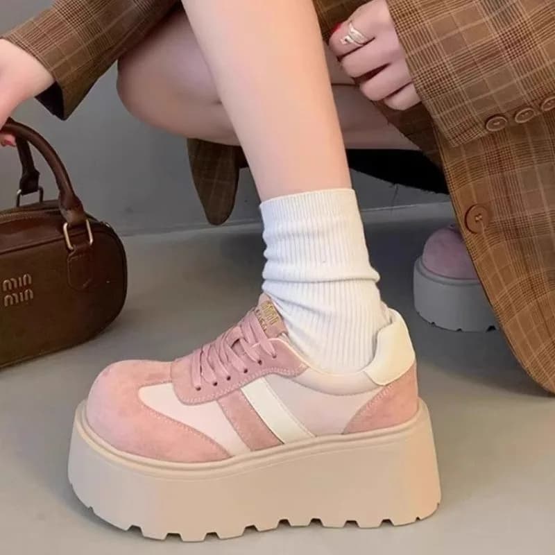 Women's Retro Lolita Platform Loafers 6cm Hidden High Heel Elevator Shoes Lace-Up Suede Women Casual Sneakers for Spring Autumn