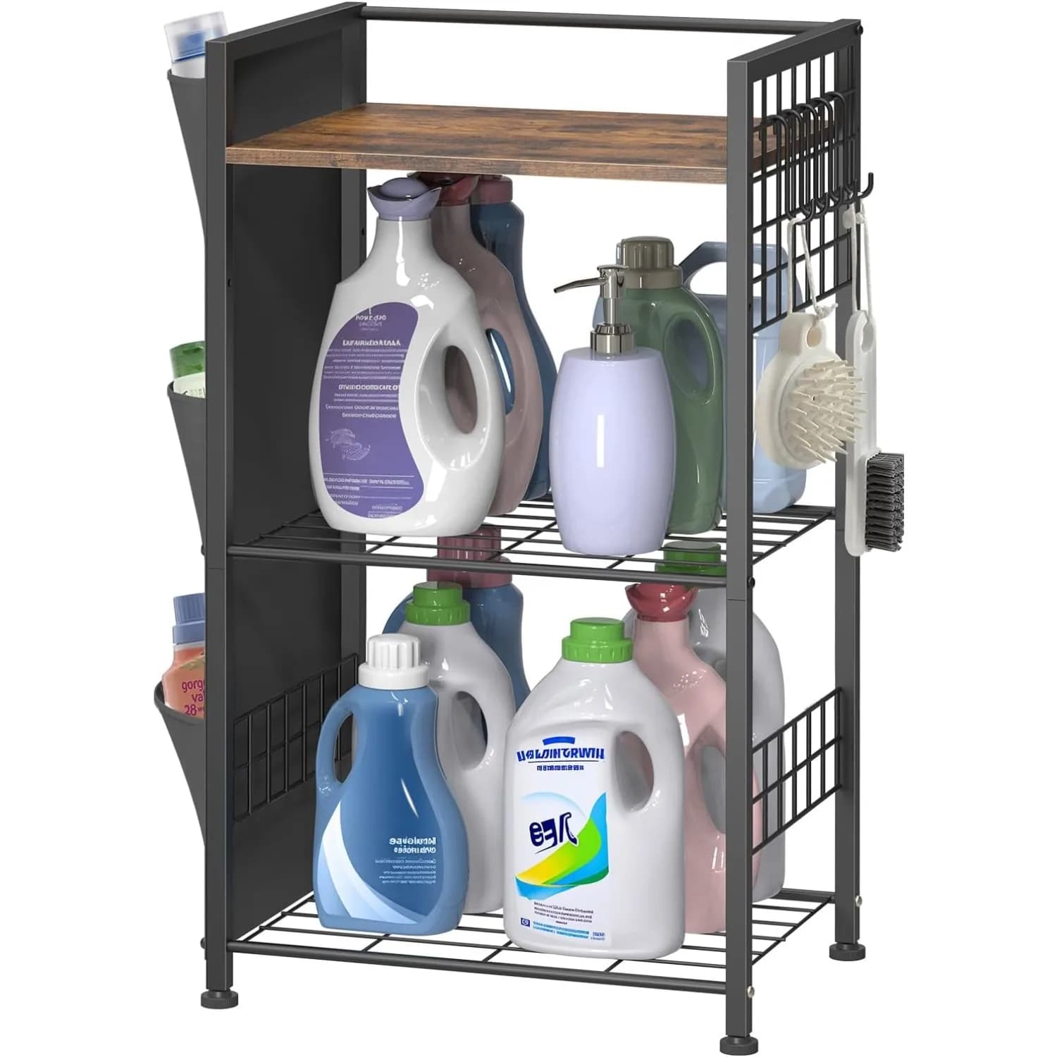 Metal linen shelf at 3 levels with bags and hooks | Laundry space, equipment, bathroom | Carrying (brown)