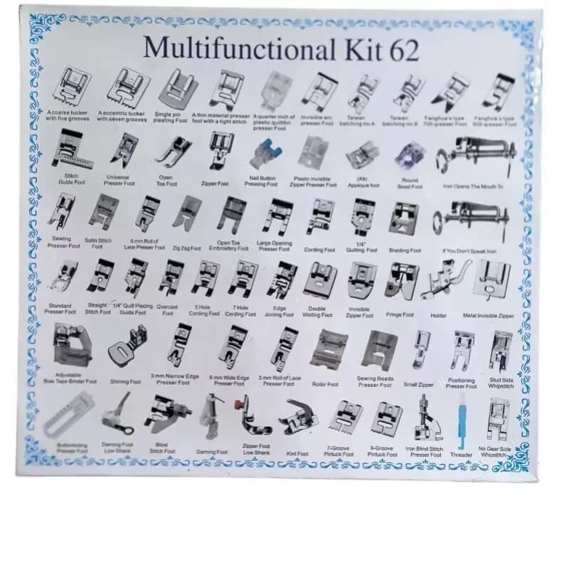 62 pz/set Piedino Macchina Da Cucire Presse Parti Per Brother Singer Kit Intrecciatura Punto Cieco OverLock Cerniera Rullo Righello