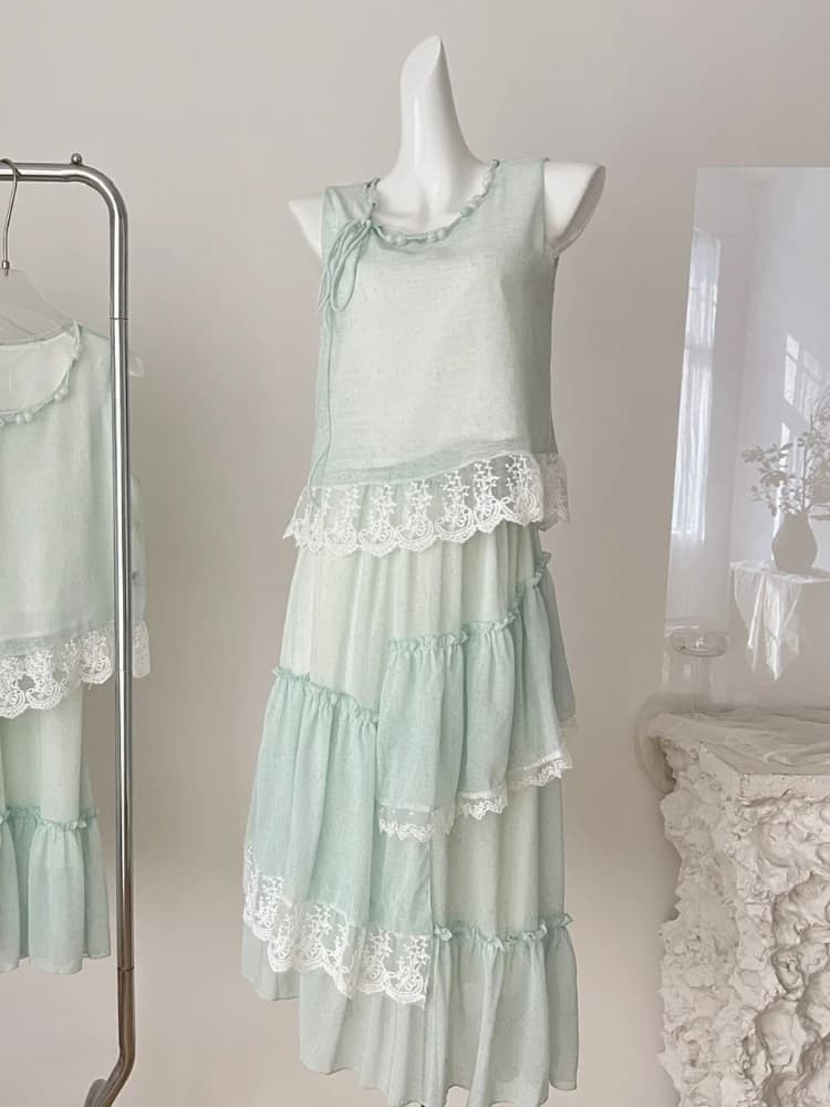 2025 Set lungo da donna in 2 pezzi verde chiaro con scollo all'americana e gonna arricciata in pizzo, stile dolce ed elegante per l'uso quotidiano, abiti casual Nuovo