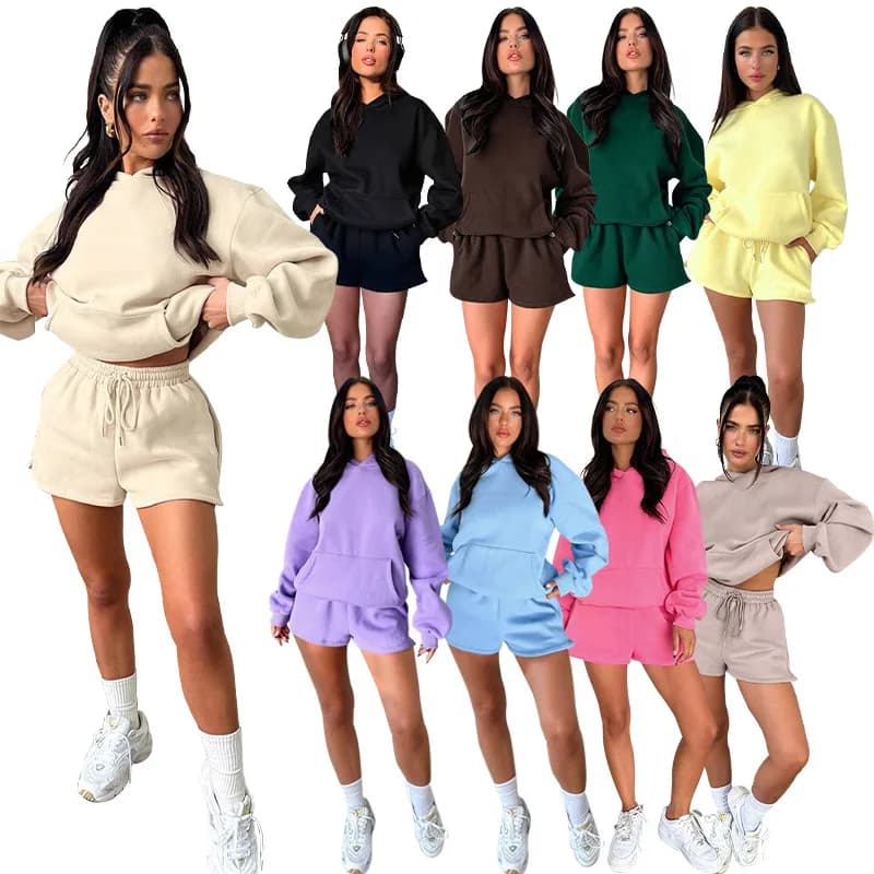 Set corti solidi Due pezzi Pantaloncini con coulisse a vita alta Felpe con cappuccio a maniche lunghe Felpa con cappuccio Tasche Allentate Casual Autunno