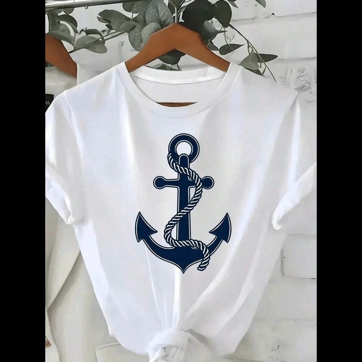 Nautical Anchor Graphic Print Crew Neck Women T Shirt White Navy Maritime Soft Breathable Fabric Short Sleeve For Beach Boating Everyday Casual 1 Piece Top