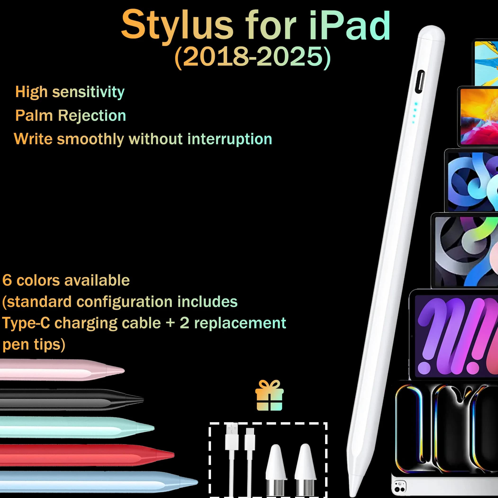 Penna Stylus per iPad 2018-2026, con attacco magnetico, riconoscimento del palmo, ricarica rapida, lunga durata della batteria, compatibile con Pro/Air/Mini
