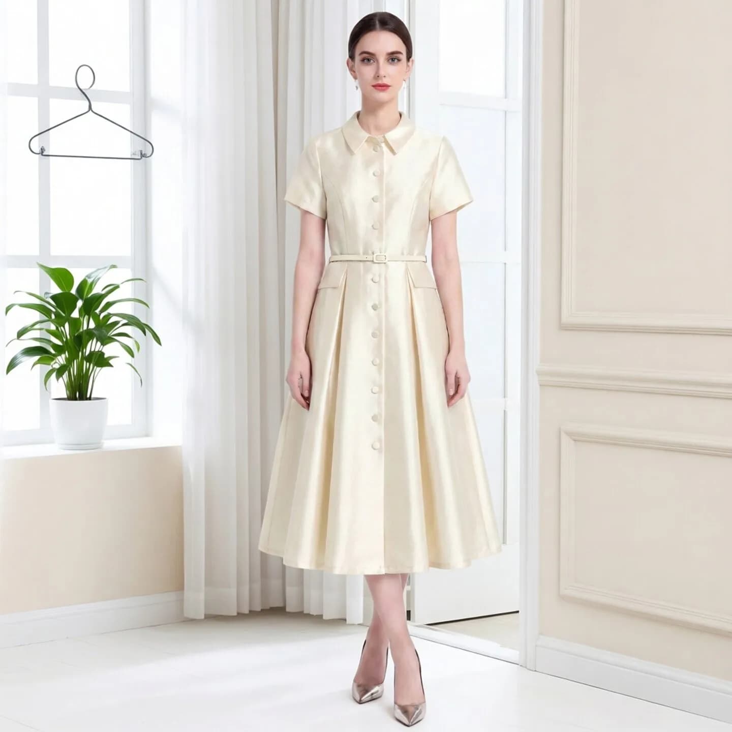 Elegant White Satin Dress with Pleated Waist Short Sleeve Turn-down Collar A-line Midi Dress for Women Elegant City Commute