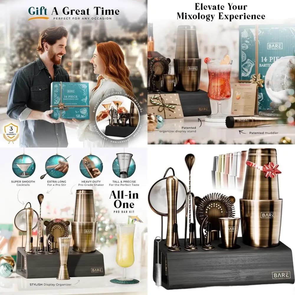 Set da Cocktail 14 Pezzi con Shaker da 828ml | Attrezzi per Barman Domestico | 35 Ricette Incluse | Pronto per il Regalo (Ottone/Nero)