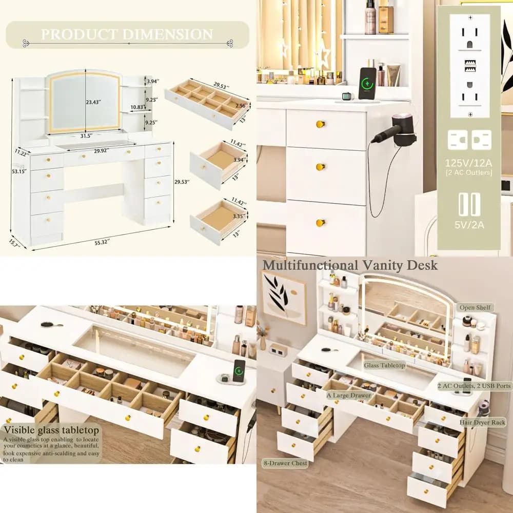 Tavolo da Trucco Regolabile con Piano in Vetro, Specchio, Luci, Cassetti, Presa di Corrente e Supporto per Asciugacapelli, Bianco