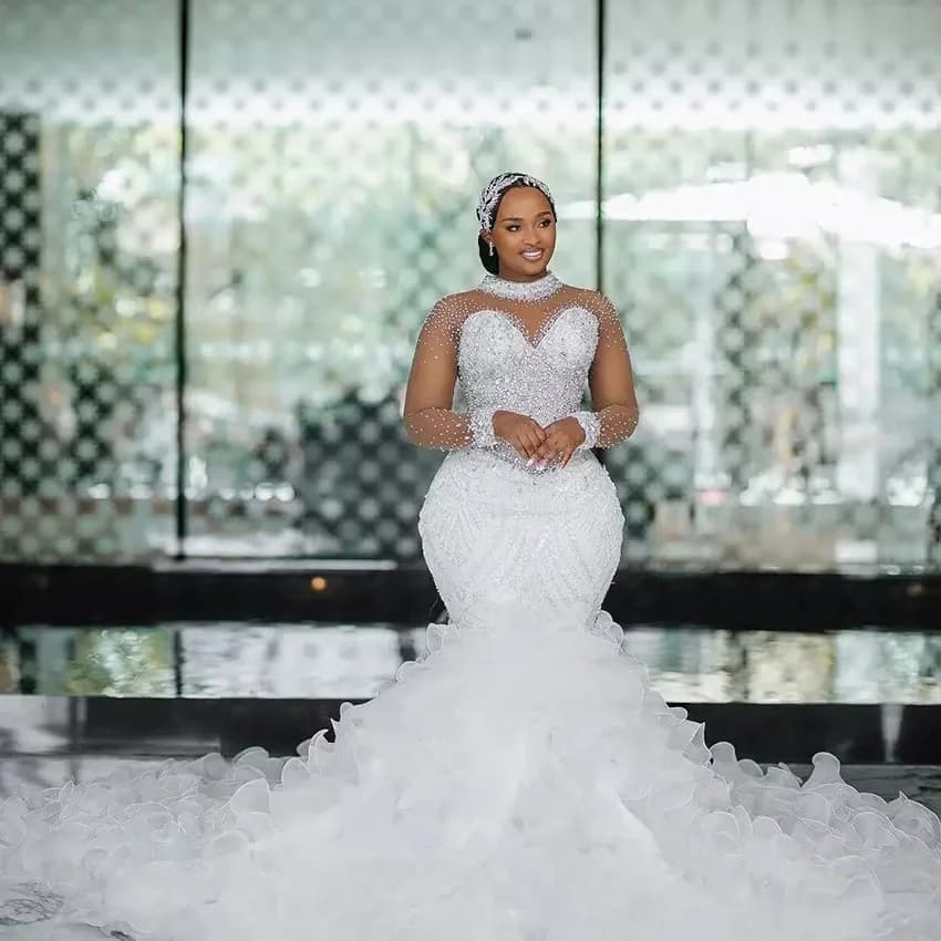 Luxury Ruffled South African Wedding Dresses Black Girls Mermaid Long Sleeves Beaded Bridal Gown Vestido De Noiva Customized