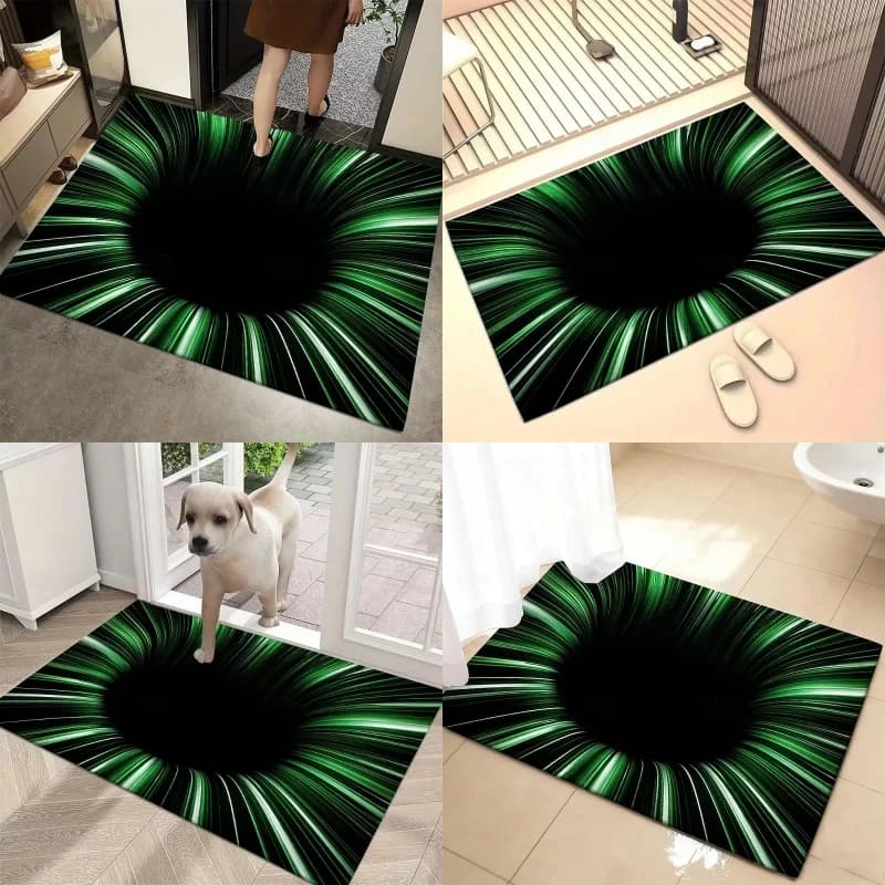 Tappeto d'ingresso con illusione ottica 3D, design tunnel vortex verde, piatto 2D