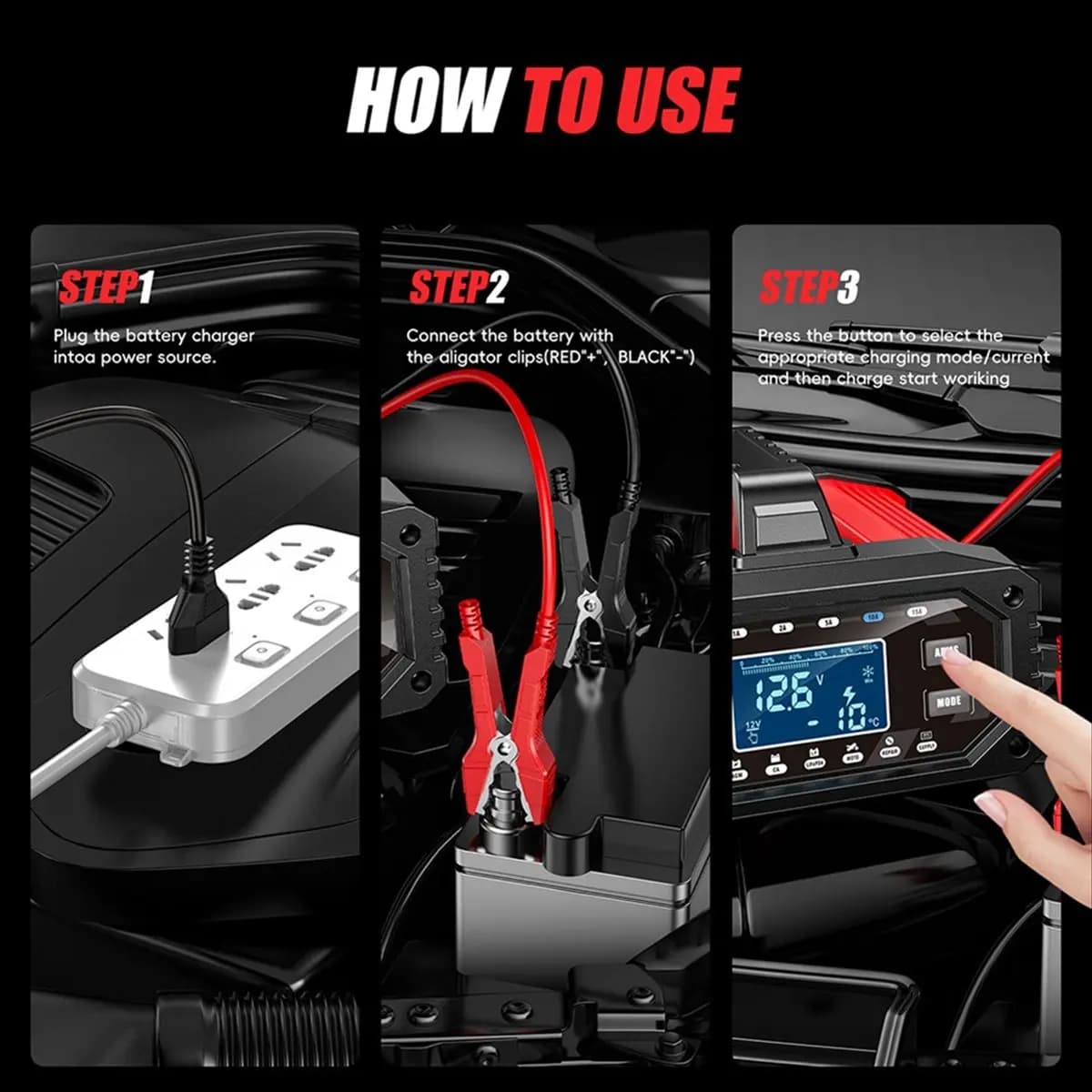 (ABDH) Caricabatterie 15A, Caricabatterie per Auto 12/24V per Batterie al Piombo-Acido, Avviatore d'Emergenza per Auto, Caricabatterie a Mantenimento di Carica Aggiornato con Spina EU