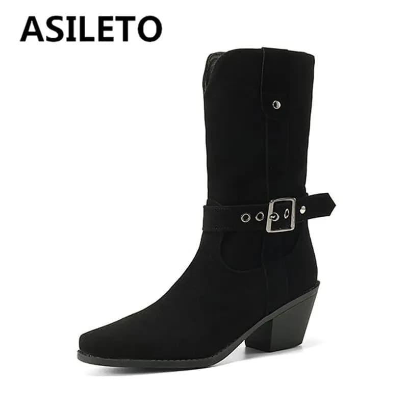 ASILETO Flock Suede Western Block Heels 6 cm Slip On Belt Buckle Plus Size Casual Daily Bota Boots for Women Square Toe Black Hot