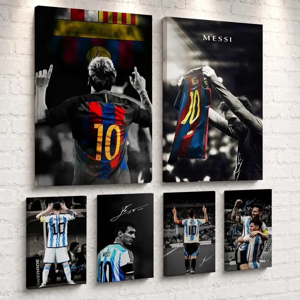 Cool Soccer Players M-MesSI Framed Wall Painting Ready to Hang Canvas Poster Wall Art for Bedroom Living Room Hallway Home Decor