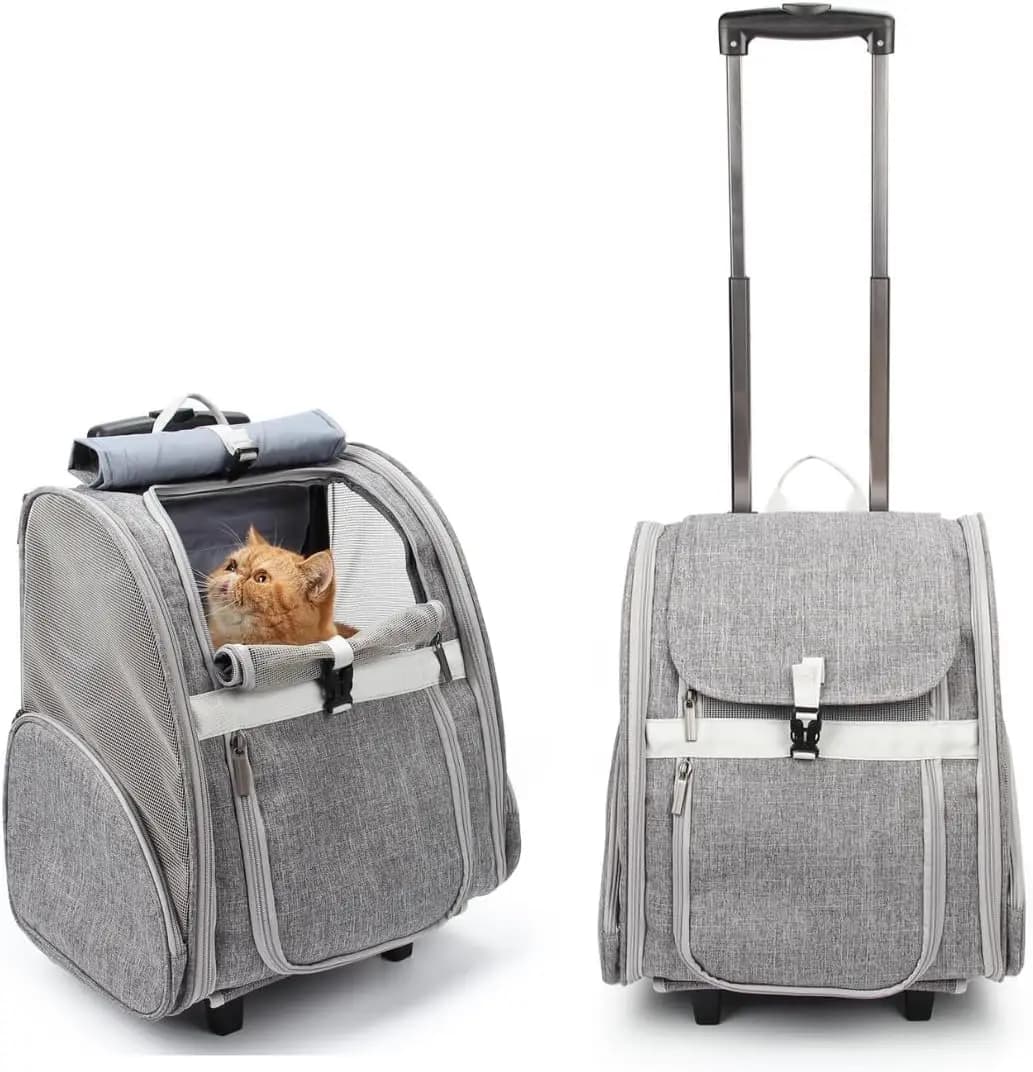 Zaino Trolley per Animali Domestici con Ruote per Cani e Gatti, Borsa da Viaggio Grigia