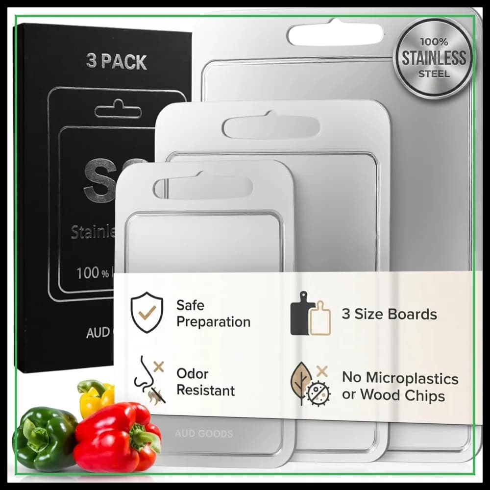 Taglieri in Acciaio Inossidabile per Cucina, Doppio Lato con Scanalature per Succhi, Set da 3 Misure, Durevoli e Facili da Pulire