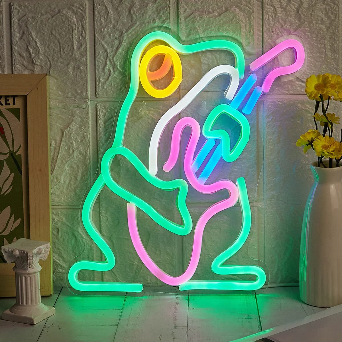Chi-buy LED Neon Frog Chitarra Musicista Insegne al neon alimentate tramite USB Luce notturna 3D Wall Art & Sala giochi Camera da letto Decorazioni per feste Insegne per lampade